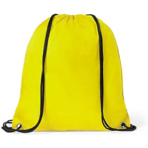 A yellow drawstring bag with black cords and eyelets. It has a simple, unembellished design.