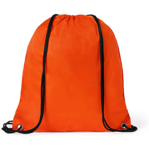 An orange drawstring bag with black cords and eyelets. It has a simple design and includes a logo.