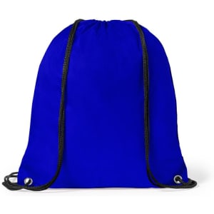 A blue drawstring bag with black cords and eyelets, featuring a simple design and no visible branding.