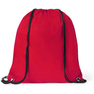 A red drawstring bag with black drawstrings and eyelets, featuring a simple design.