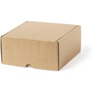 A brown cardboard gift box with a flap closure, designed for packaging items.