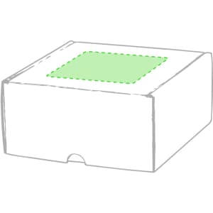 A white gift box with a green cut-out section on the top and a front flap opening. It features a logo.