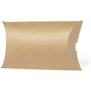 A brown pillow-shaped gift box made from kraft paper, featuring a simple design with no visible branding.
