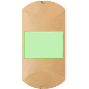 A brown gift box with rounded edges and a green blank label area on the front. It features a logo.