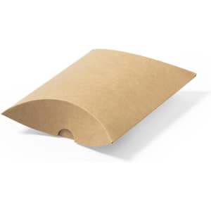 A brown gift box with a curved top and a small opening at the front, featuring a branding logo.