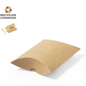 A brown recycled cardboard gift box with a curved design and an opening at the front. It features a logo.