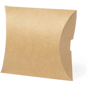 A kraft paper gift box with a pillow shape, featuring a smooth, natural brown finish. It has a logo on one side.