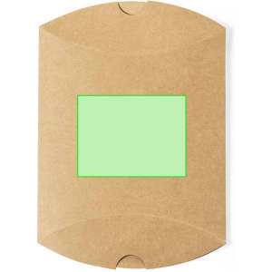 A brown kraft gift box with a green rectangular window and a rounded flap design. It features a logo on the surface.
