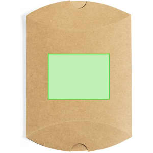 A brown gift box with a green insert in the centre, featuring a logo in the design.