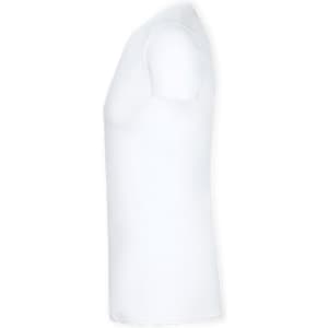 A white adult t-shirt displayed from the side, featuring a simple design and a logo.