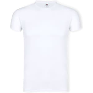 A plain white adult t-shirt with a classic fitted design and a logo on the label.