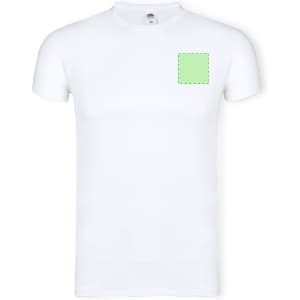 A white adult t-shirt featuring a green square design area. The shirt has a logo on the label.