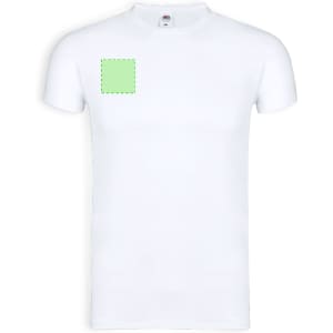A white adult T-shirt with a green square placeholder on the front and a logo on the label.