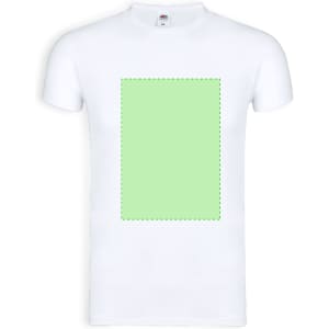 A white adult T-shirt featuring a green rectangular design area. It has a logo on the label.
