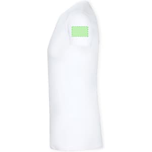 A white adult T-shirt featuring a short sleeve and a logo on the shoulder.