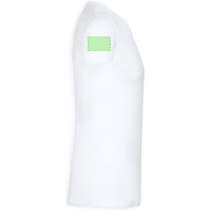 A white adult T-shirt displayed from the side, featuring a logo area on the shoulder.