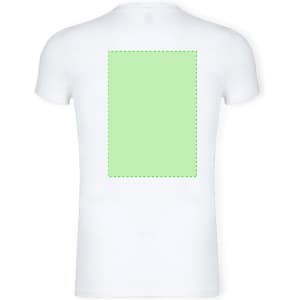 A white adult T-shirt with a blank green rectangular area on the back and a logo on the front.