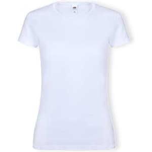 A white women's T-shirt with a fitted design and short sleeves, featuring a logo on the label.