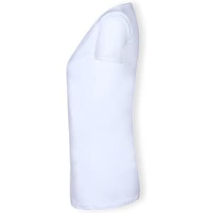 A white T-shirt featuring a fitted design, displayed from a side view. It has a short sleeve and a simple logo.