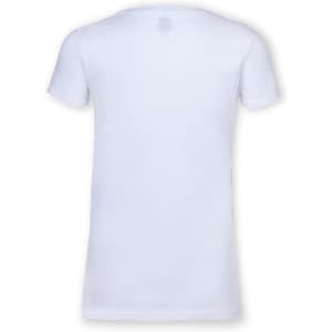 A white t-shirt with short sleeves and a straight cut, featuring a branding logo on the back.