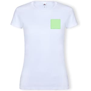 A white women's T-shirt featuring a green outlined square patch on the front, with a logo on the label.