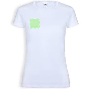A white T-shirt featuring a square area for potential design or logo placement. It has a fitted style and short sleeves.