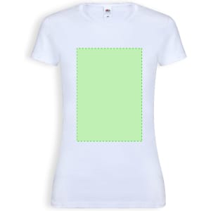 A white women's T-shirt featuring a green rectangular design area and a label tag.