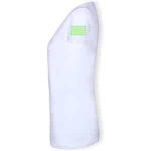 A white women's T-shirt featuring a fitted design and a logo on the sleeve.