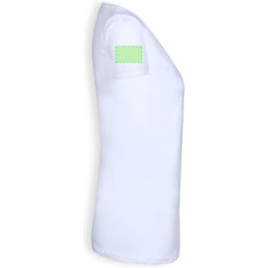 A white T-shirt with a fitted design and a visible blank patch on the sleeve.