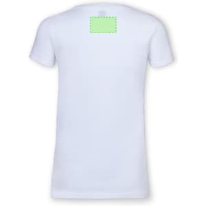A white t-shirt with short sleeves featuring a branding logo on the back.