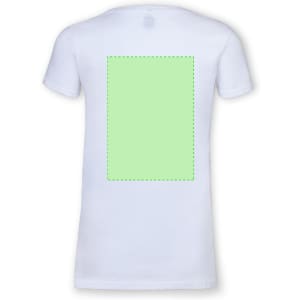 A white T-shirt featuring a blank green rectangular area on the back. The shirt has a simple design with short sleeves.