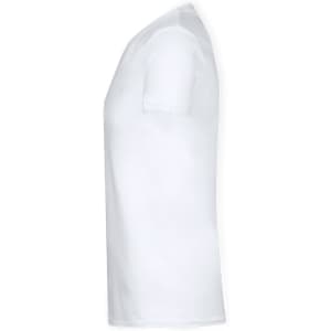 A white V-neck adult T-shirt displayed from the side view, featuring short sleeves and a simple design.