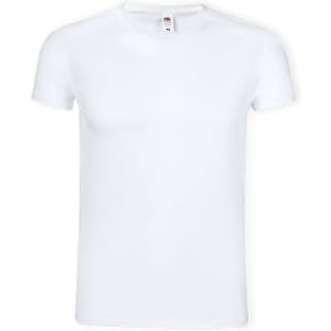 A plain white adult V-neck T-shirt featuring a logo on the label.