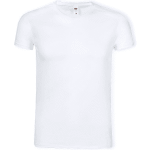 A plain white adult V-neck T-shirt featuring a small logo on the side.