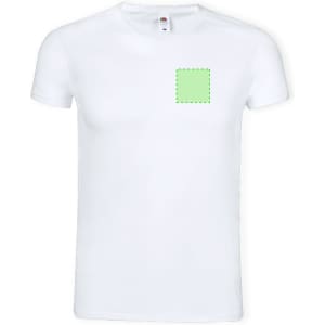 A white adult V-neck t-shirt with a green logo or design area on the front.