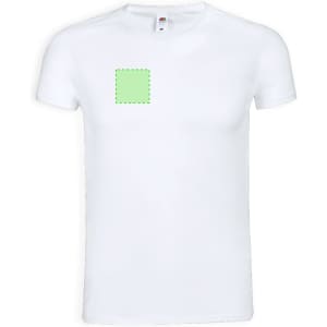 A white adult v-neck t-shirt featuring a logo on the left chest area.
