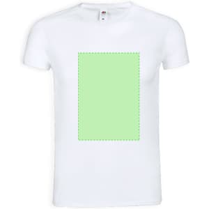 A white adult v-neck t-shirt featuring a blank green area on the front, showcasing its design.