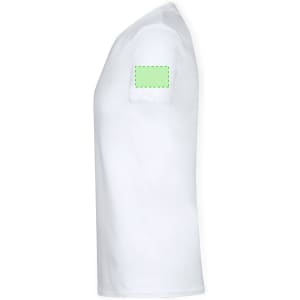 A white v-neck adult t-shirt featuring a patch area on the left sleeve for logo or branding.