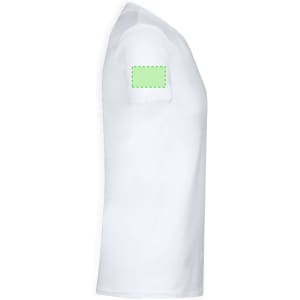 A white adult V-neck T-shirt with a plain design and a branding area on the sleeve.