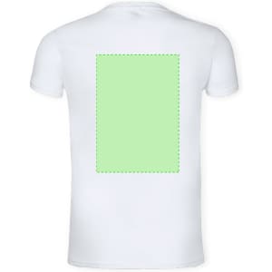 A white adult V-neck t-shirt featuring a blank green rectangular area on the back.