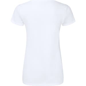 A white women’s V-neck T-shirt with short sleeves and a plain back design. It features a logo.