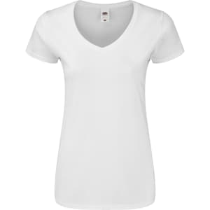 A white women’s V-neck T-shirt with short sleeves and a fitted design. It features a small logo.