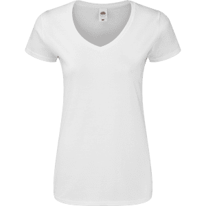 A white women's V-neck T-shirt with short sleeves and a branded label on the neckline.