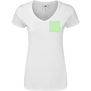 A white women's V-neck T-shirt featuring a dashed square outline on the front. It has a logo on the label.