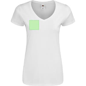 A women's white V-neck T-shirt featuring a logo placement area. It has short sleeves and a fitted design.