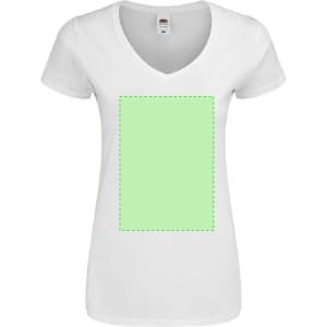 A white women’s V-neck T-shirt featuring a blank green rectangular area in the centre and a logo.