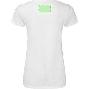 A white women's V-neck T-shirt featuring short sleeves and a logo on the back.