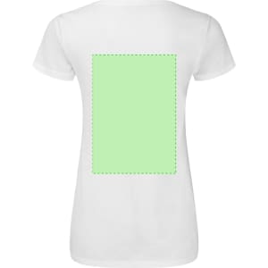 A white V-neck women's T-shirt featuring a blank green rectangular area on the back. Includes a logo.