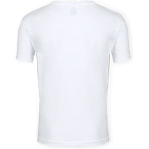 A white short-sleeve T-shirt featuring a logo on the back. Suitable for kids.