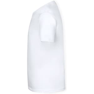 A white T-shirt displayed from the side, featuring short sleeves and a logo.